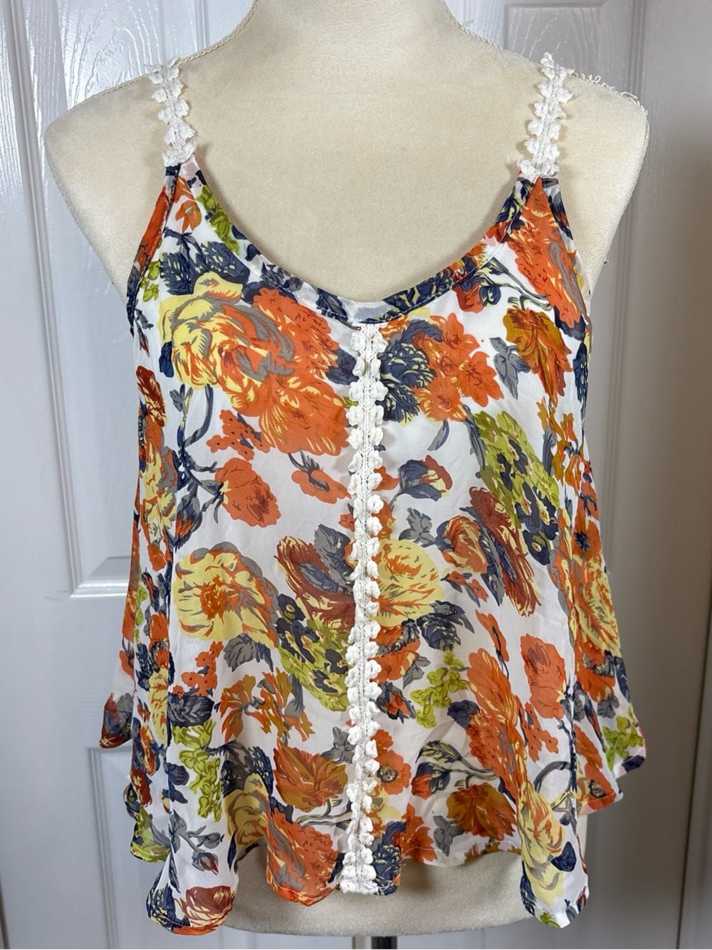 PPLA Swingy Floral Crochet-Trim Camisole - White with Orange & Blue Floral